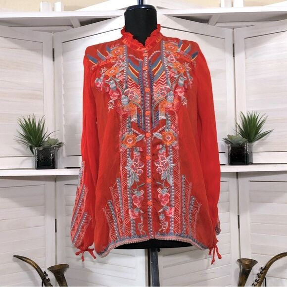 Johnny Was Tops - Johnny Was hippie boho oversized embroidered ballooned sleeves red blouse Sz XS